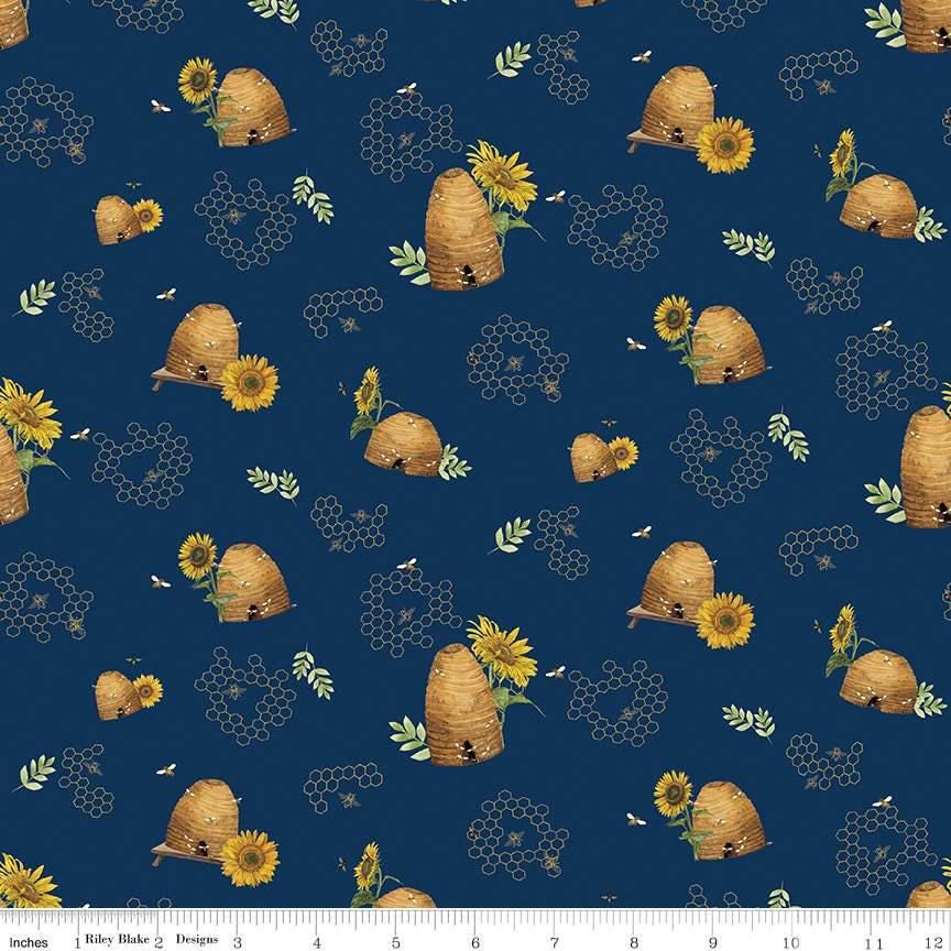 Honey Bees and Flowers Please Beehives in Navy - 1/2 Yard Increments, Cut Continuously - by Tara Reed for Riley Blake Designs