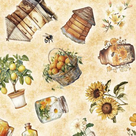 Queen Bee Bee Hive and Plant Toss in Light Tan - 1/2 Yard Increments, Cut Continuously - by Morris Creative Group for QT Fabrics
