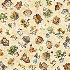 Queen Bee Bee Hive and Plant Toss in Light Tan - 1/2 Yard Increments, Cut Continuously - by Morris Creative Group for QT Fabrics