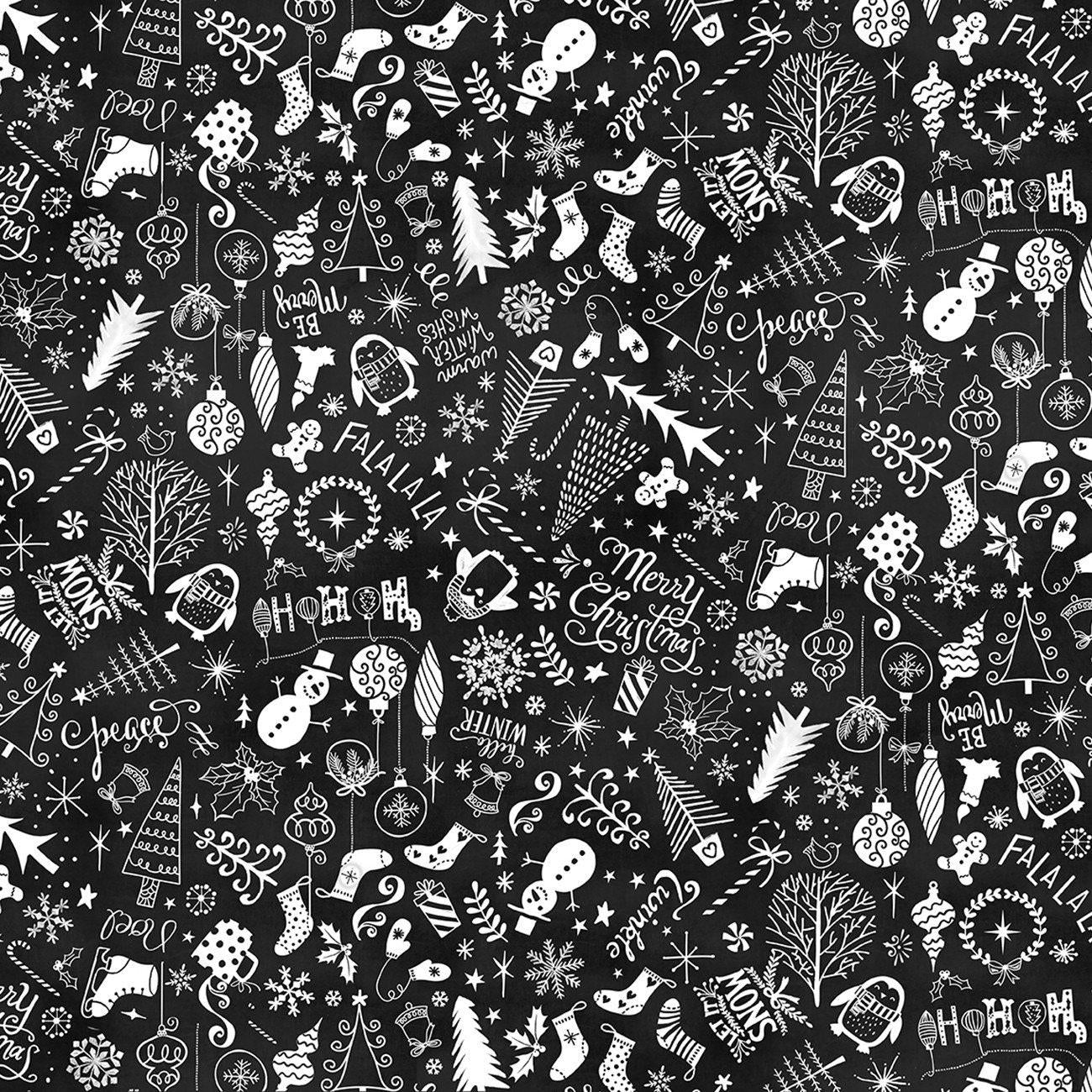Winter Wonderland Black Christmas Chalkboard - 1/2 Yard Increments, Cut Continuously - by Gail Cadden for Timeless Treasures