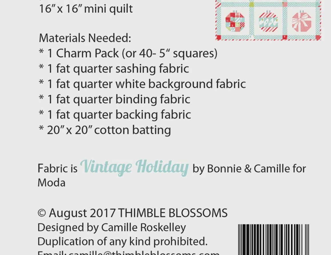 Mini Vintage Holiday Quilt Pattern by Camille Roskelley Thimble Blossoms