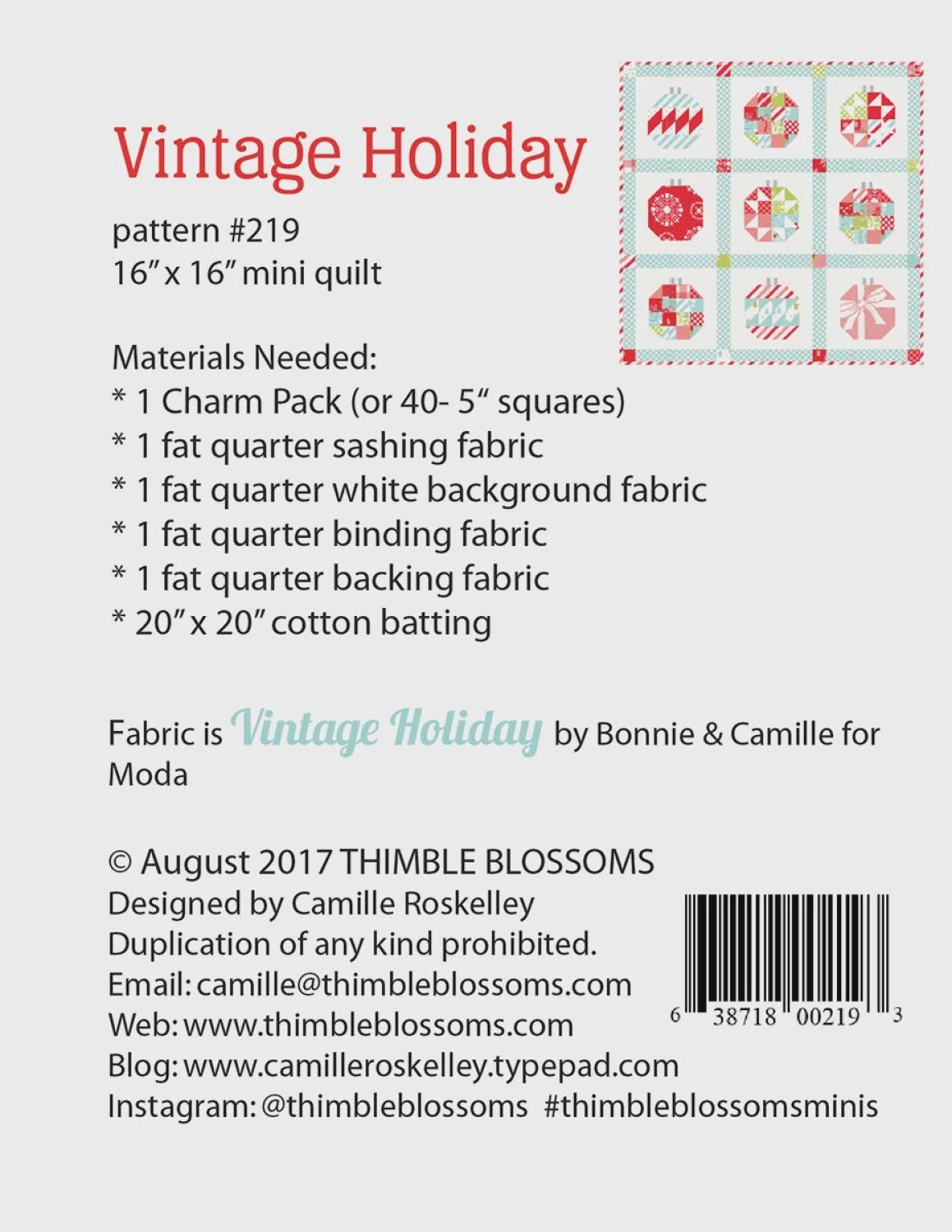 Mini Vintage Holiday Quilt Pattern by Camille Roskelley Thimble Blossoms