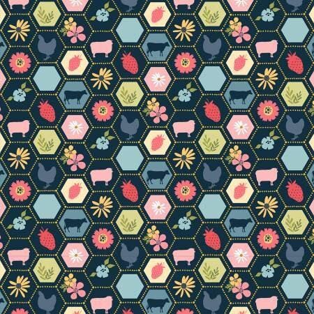 Navy Strawberry Patch - 1/2 Yard Increments, Cut Continuously - by Poppy Cotton