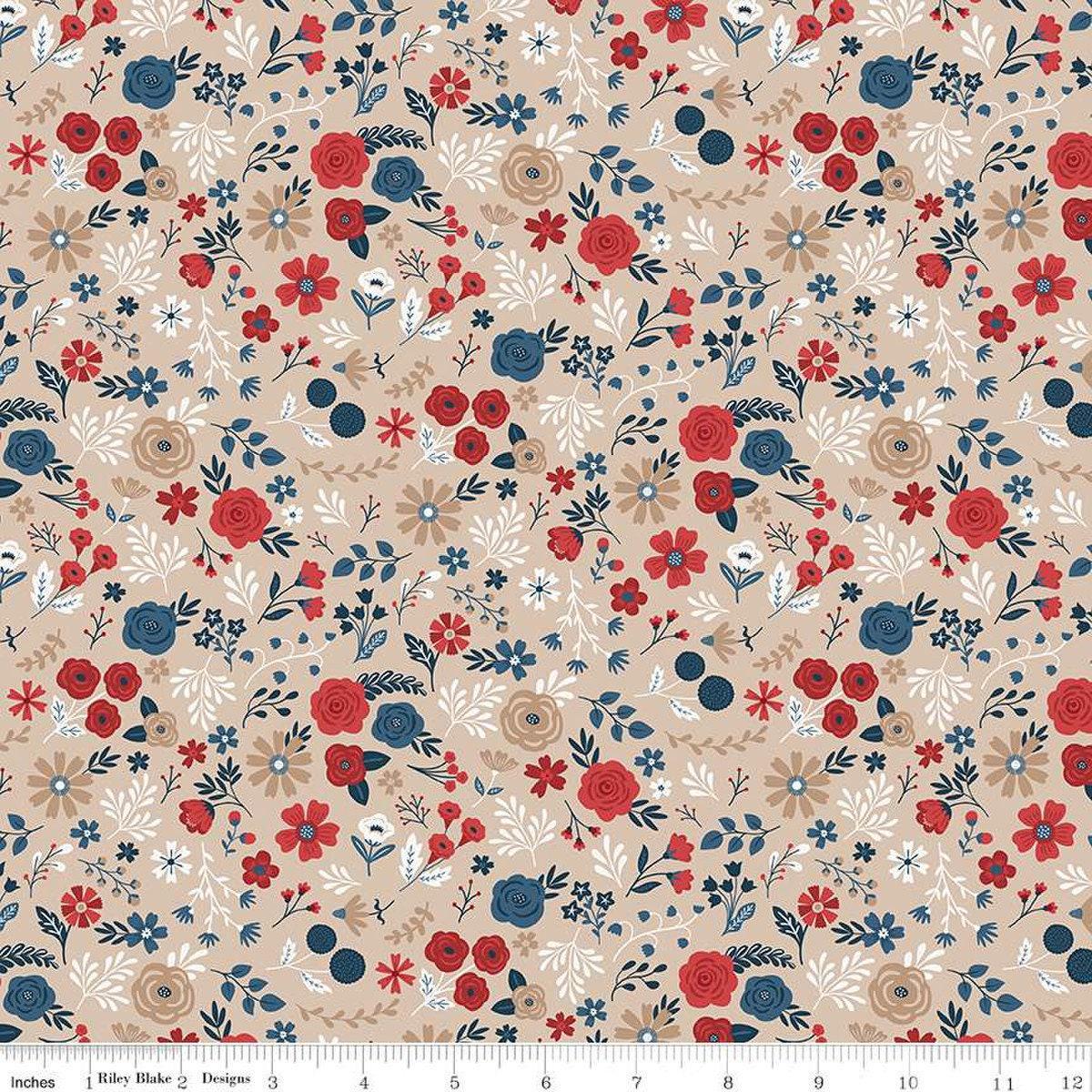 Red White and True Floral in Beach - 1/2 Yard Increments, Cut Continuously - by Dani Mogstad for Riley Blake Designs