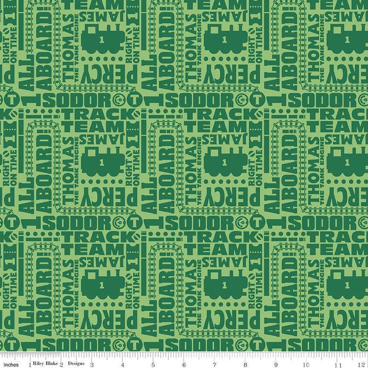 All Aboard with Thomas & Friends Text Green - 1/2 Yard Increments, Cut Continuously - by Riley Blake Designs