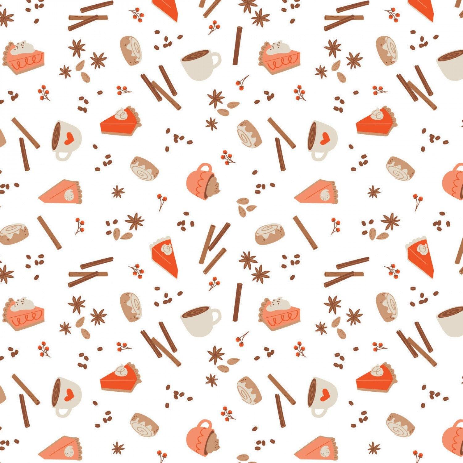 I Love PSL White Autumn Treats - 1/2 Yard Increments, Cut Continuously - by Elizabeth Silver Collection for Camelot Fabrics