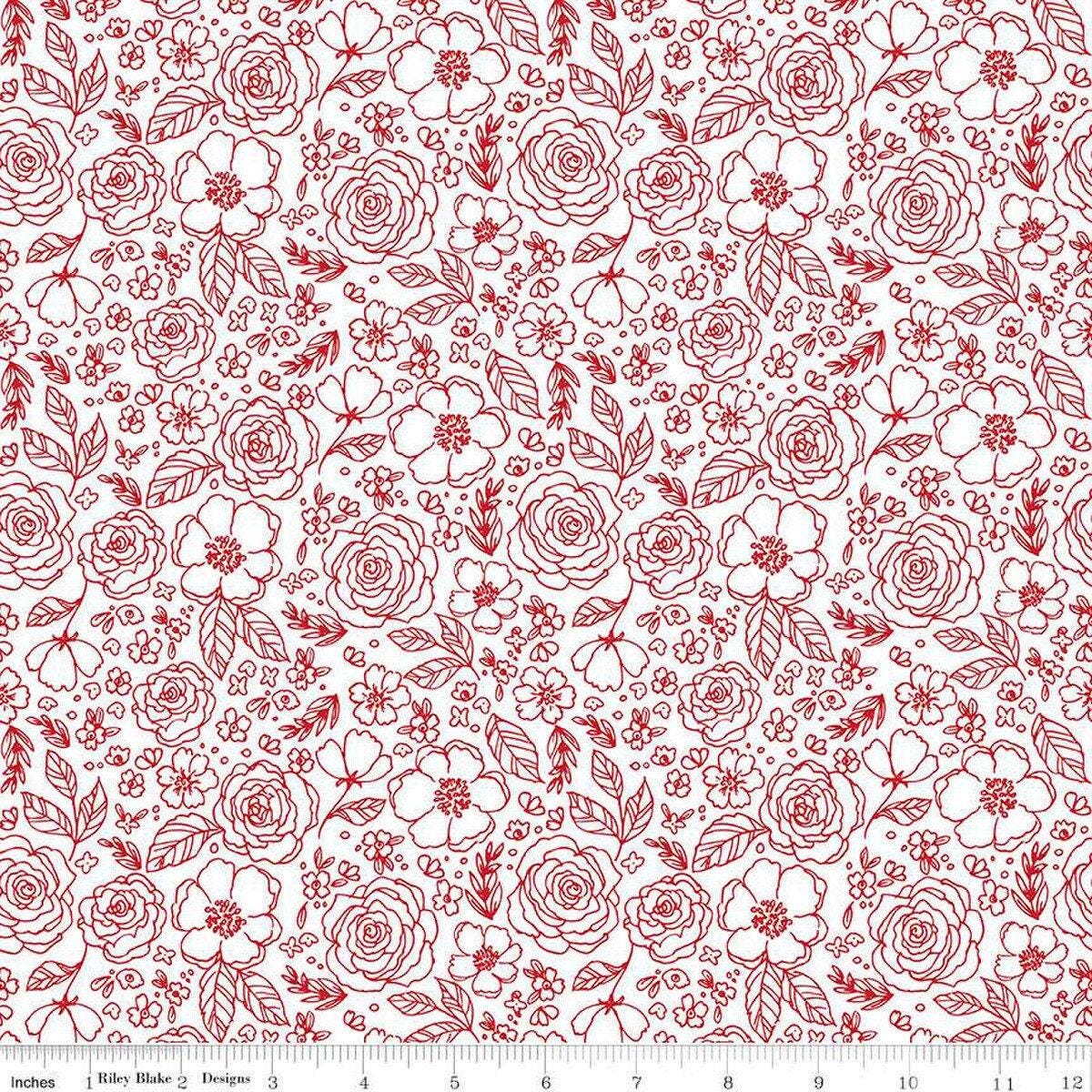 My Valentine Lined Roses in White - 1/2 Yard Increments, Cut Continuously - by Echo Park Paper Co. for Riley Blake Designs