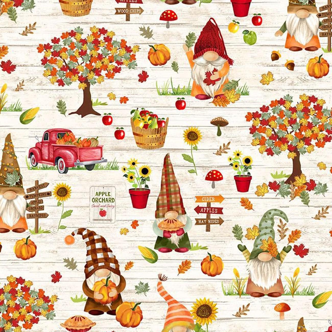 Hello Fall Cream Gnomes Pumpkin Patch & Apple Picking Harvest - 1/2 Yard Increments, Cut Continuously - by Timeless Treasures