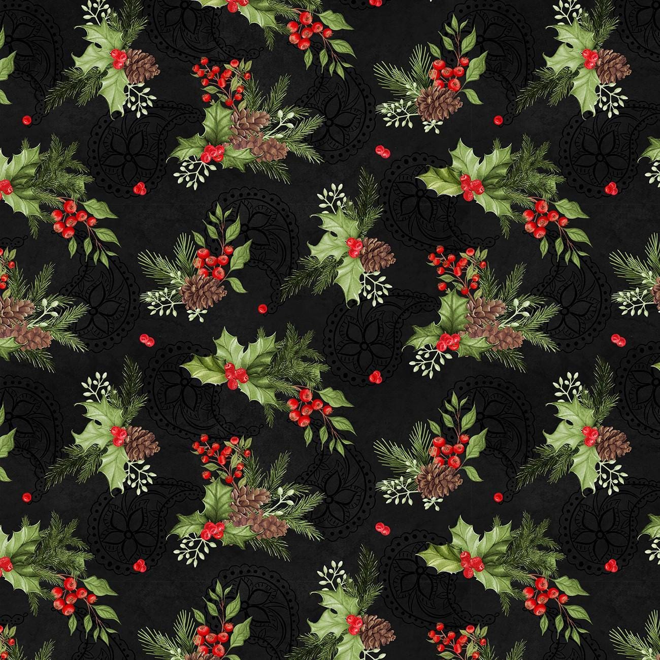 Tartan Holiday Black Foliage Toss - 1/2 Yard Increments, Cut Continuously - by Danielle Leone Collection for Wilmington Prints