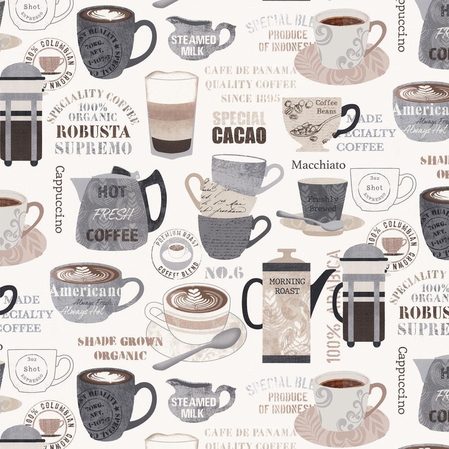 Perk Me Up Cream Main Coffee Motifs And Text - 1/2 Yard Increments, Cut Continuously - by Timeless Treasures