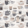 Perk Me Up Cream Main Coffee Motifs And Text - 1/2 Yard Increments, Cut Continuously - by Timeless Treasures