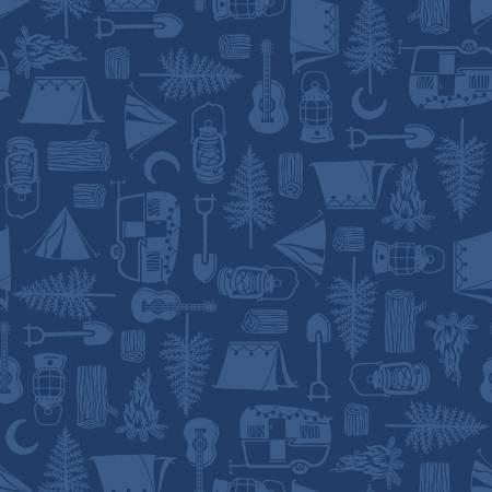 Beneath the Stars Blue Tone on Tone Camping Icons - 1/2 Yard Increments, Cut Continuously - by Studio E
