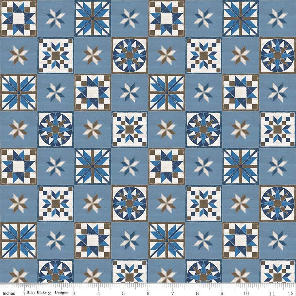 Clearance: Winter Barn Quilt Blocks in Blue - 1/2 Yard Increments, Cut Continuously - by Tara Reed for Riley Blake Designs