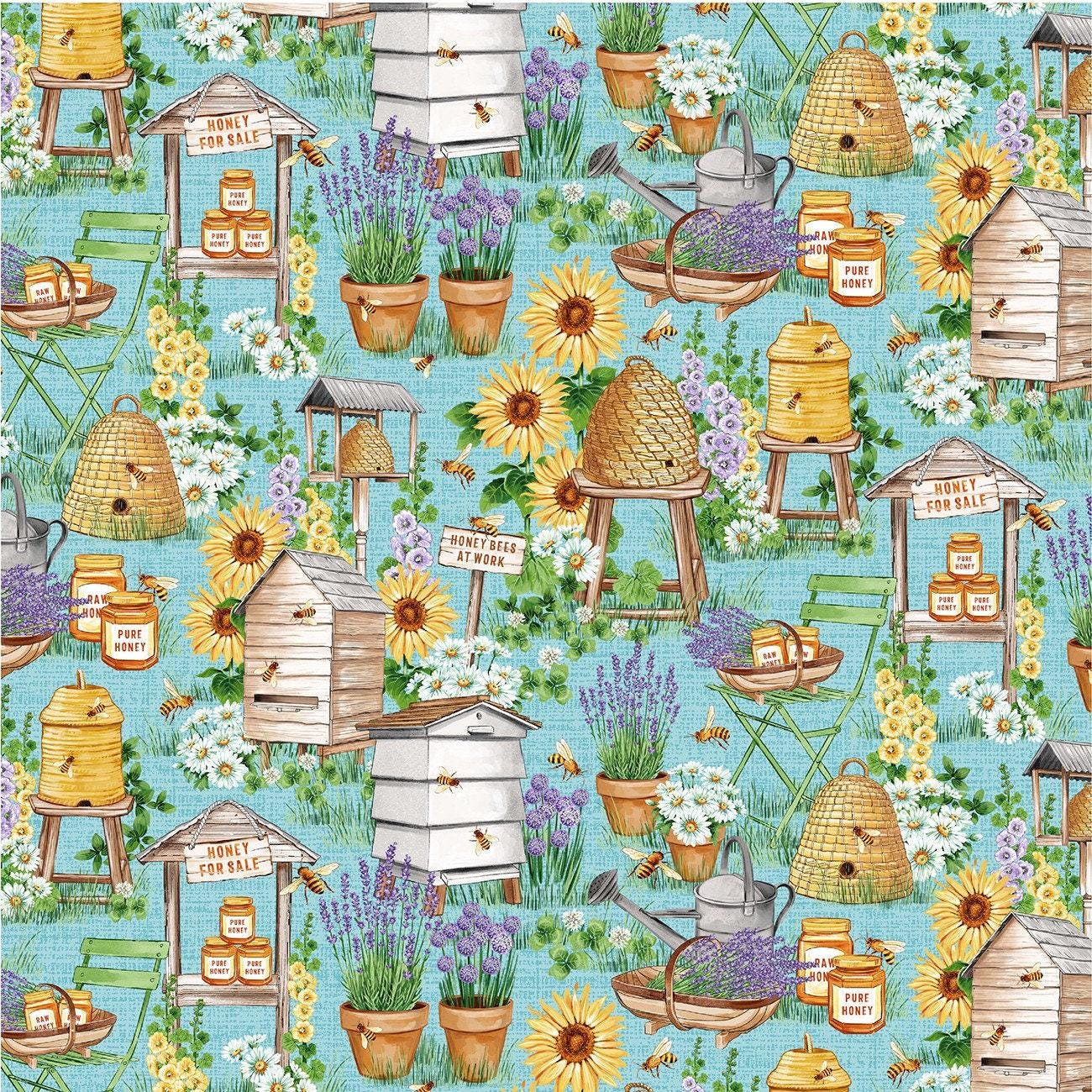 Bee Culture Busy Bee Farm in Blue - 1/2 Yard Increments, Cut Continuously - by Michael Miller