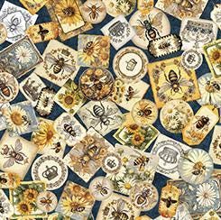 Queen Bee Collage in Midnight - 1/2 Yard Increments, Cut Continuously - by Morris Creative Group for QT Fabrics