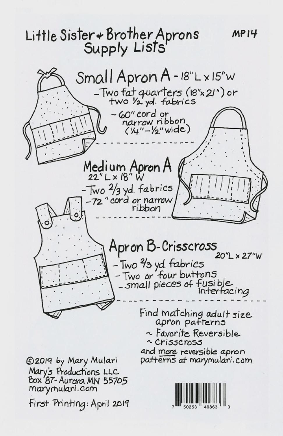 Little Sister and Brother Apron Pattern by Mary's Productions