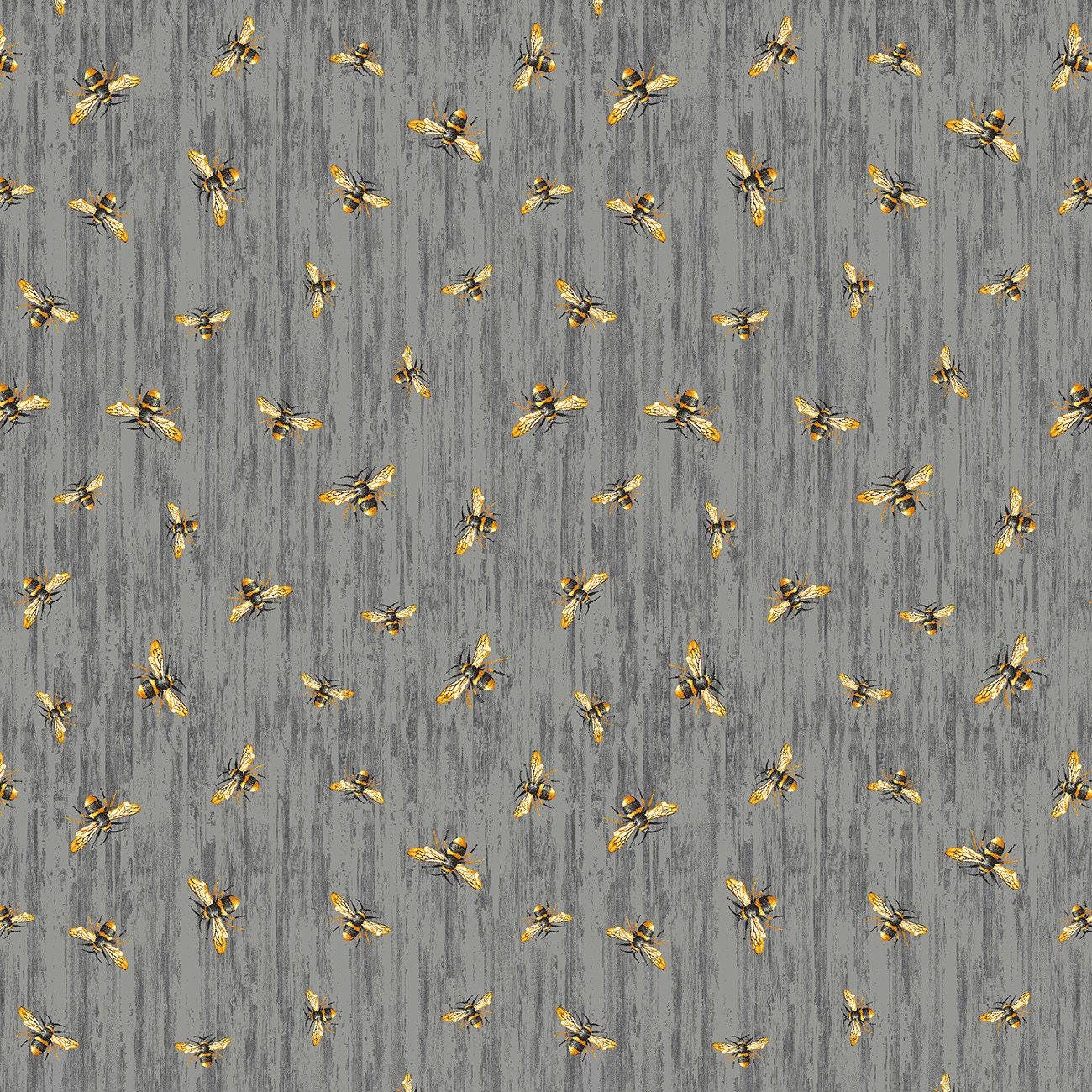 Honey Bee Farm Slate Flying Bees On Wood Texture - 1/2 Yard Increments, Cut Continuously - by Timeless Treasures