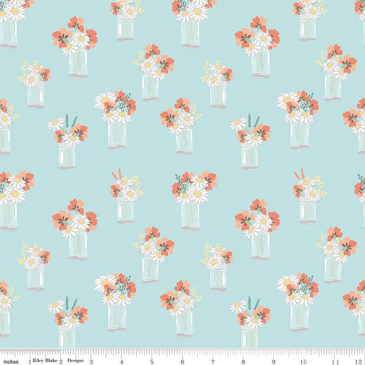 Sunshine and Sweet Tea Mason Jar Bouquets in Aqua - 1/2 Yard Increments, Cut Continuously - by Amanda Castor for Riley Blake Designs