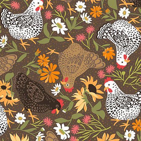 Chickens in the Meadow Chickens & Flowers in Brown - 1/2 Yard Increments, Cut Continuously - by Julie Lynch for QT Fabrics