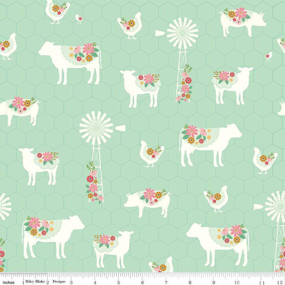 Sweet Acres Farm in Mint - 1/2 Yard Increments, Cut Continuously - by Beverly McCullough for Riley Blake Designs