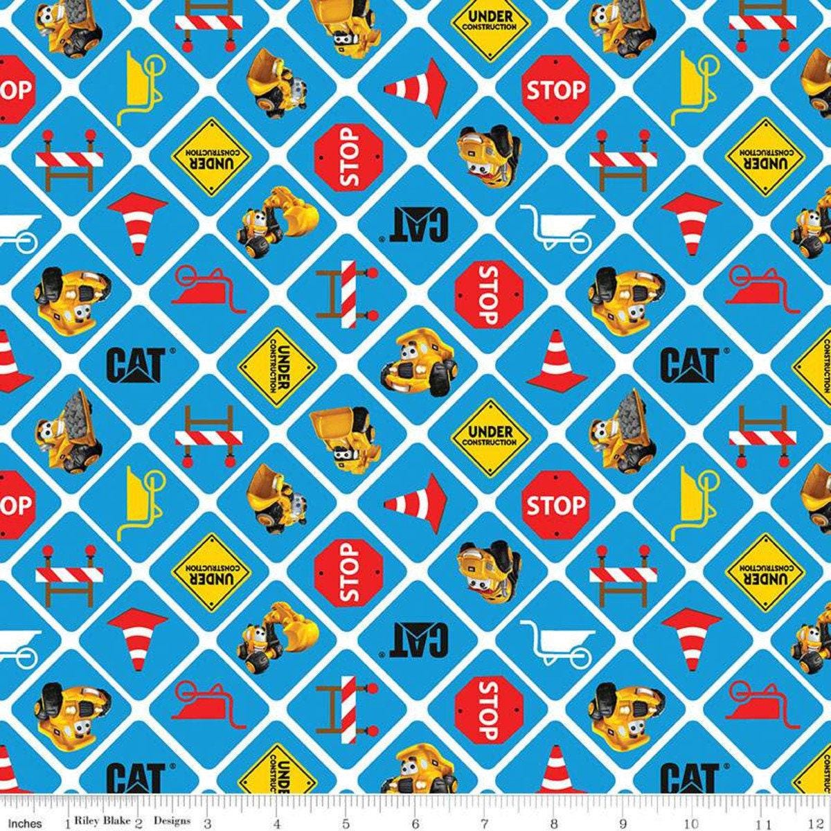 CAT® Buildin' Crew Signs Blue - 1/2 Yard Increments, Cut Continuously - by Riley Blake Designs