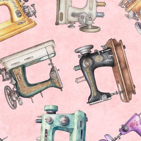 In Stitches Tossed Sewing Machines in Pink - 1/2 Yard Increments, Cut Continuously - by Morris Creative Group for QT Fabrics