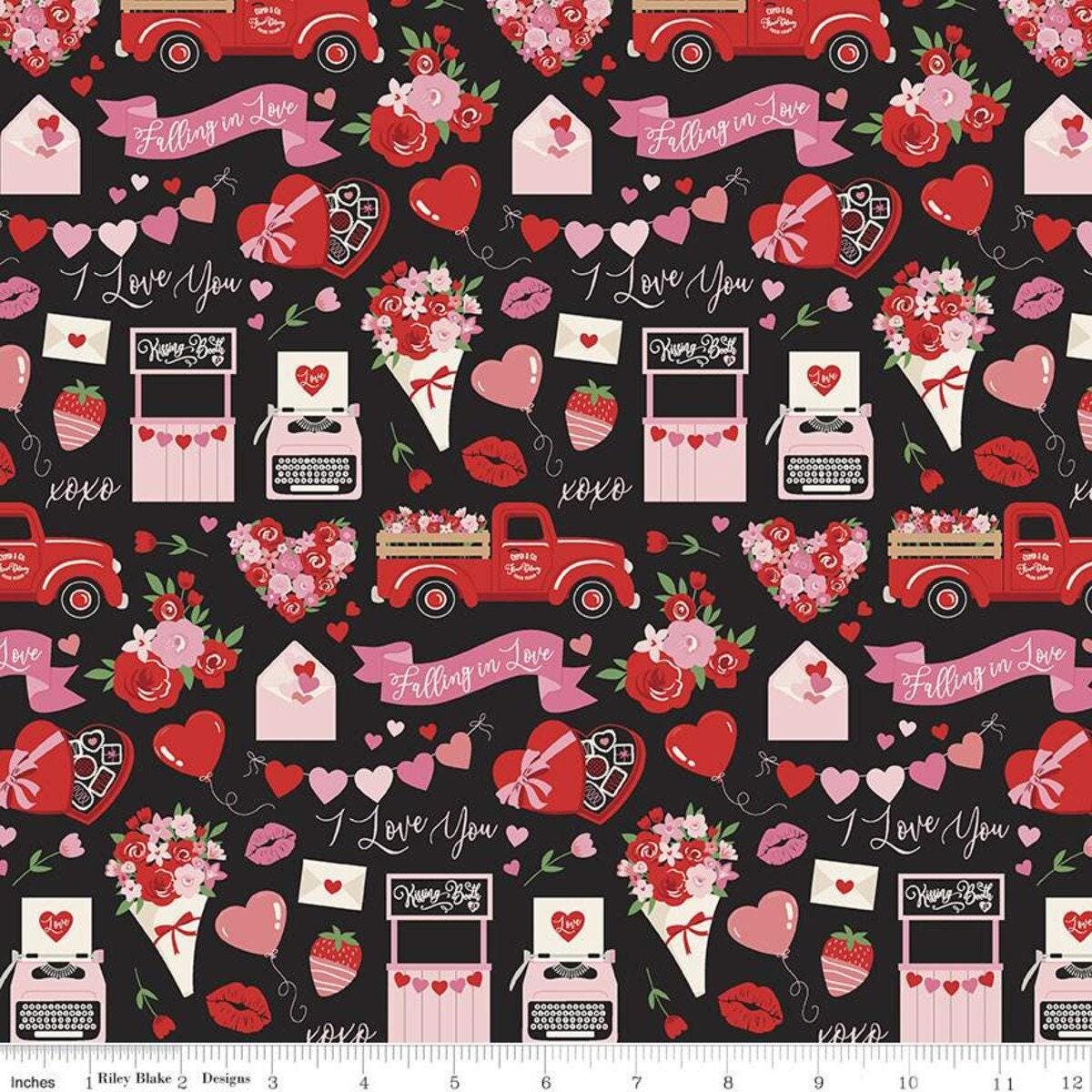 Clearance- Falling in Love Main in Black - 1/2 Yard Increments, Cut Continuously - by Dani Mogstad for Riley Blake Designs