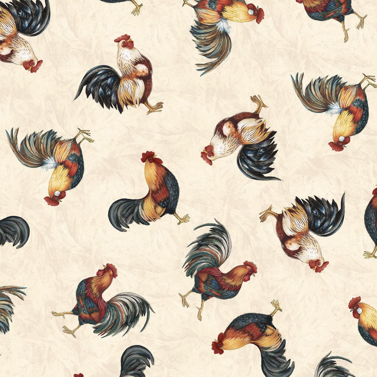 Garden Gate Roosters Chicken All Over in Cream - 1/2 Yard Increments, Cut Continuously - by Susan Winget for Wilmington Prints