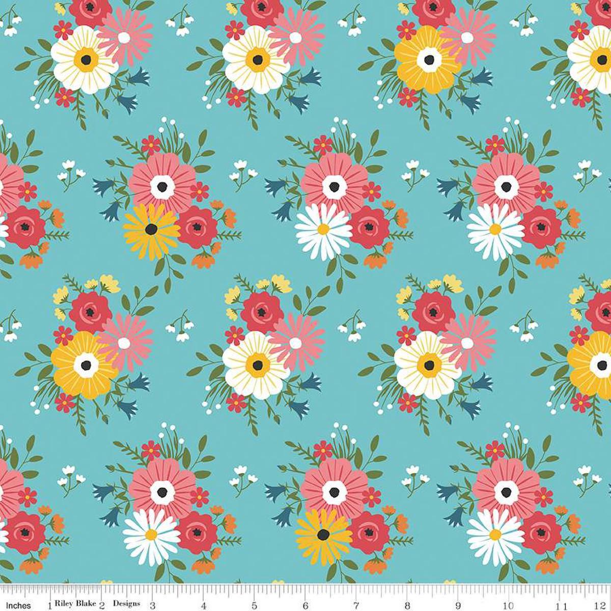 Gone Glamping Bouquets in Aqua - 1/2 Yard Increments, Cut Continuously - by Lori Whitlock for Riley Blake Designs