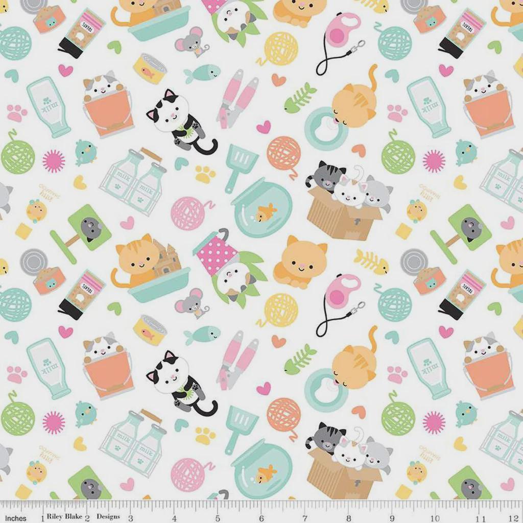 Pretty Kitty Main in White - 1/2 Yard Increments, Cut Continuously - by Doodlebug Design for Riley Blake Designs