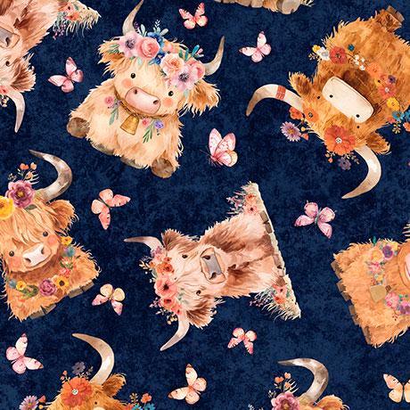 QT Cuties 2 Baby Highland Cows in Navy - 1/2 Yard Increments, Cut Continuously - by Morris Creative Group for QT Fabrics