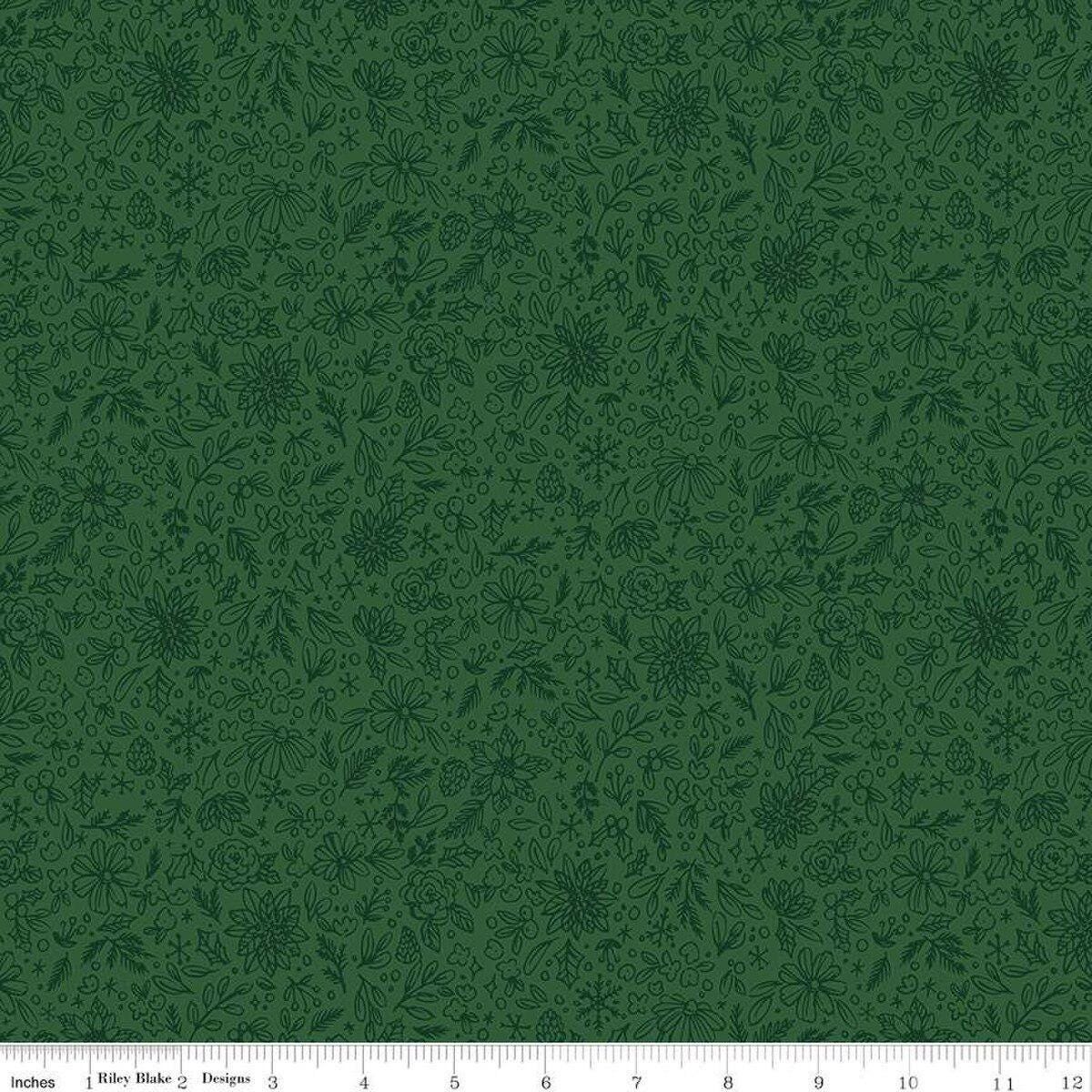Charming Christmas Floral Outline in Green - 1/2 Yard Increments, Cut Continuously - by Kelsey Carlson for Riley Blake Designs