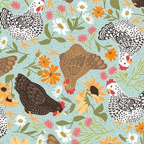 Chickens in the Meadow Chickens & Flowers in Dusty Aqua - 1/2 Yard Increments, Cut Continuously - by Julie Lynch for QT Fabrics