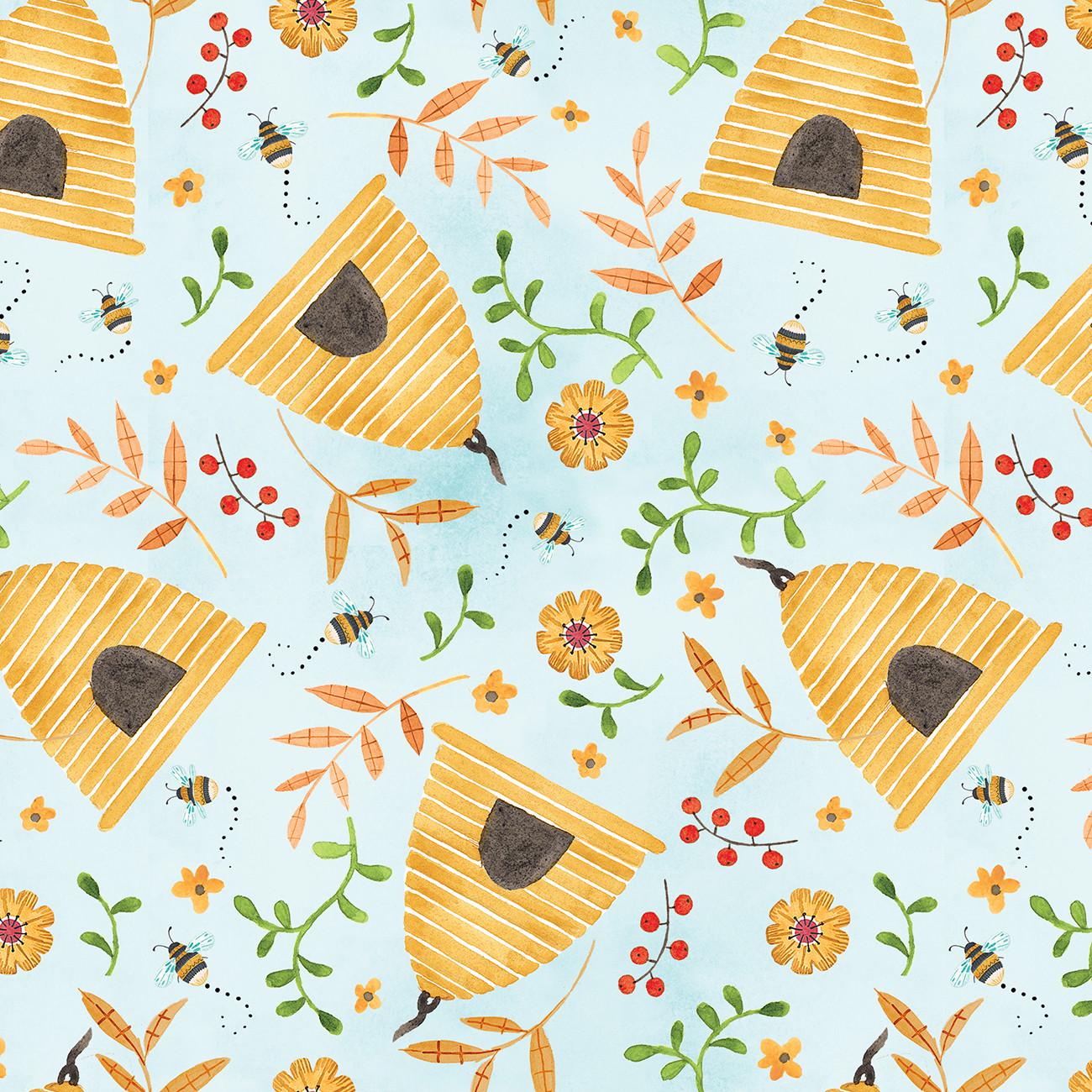 Nature's Symphony Light Blue Beehives and Leaves - 1/2 Yard Increments, Cut Continuously - by Blank Quilting