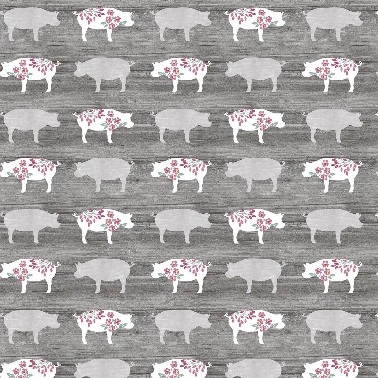 Chalk Barn Pretty Pigs in Charcoal - 1/2 Yard Increments, Cut Continuously - by Shannon Roberts for Bernatex Fabrics
