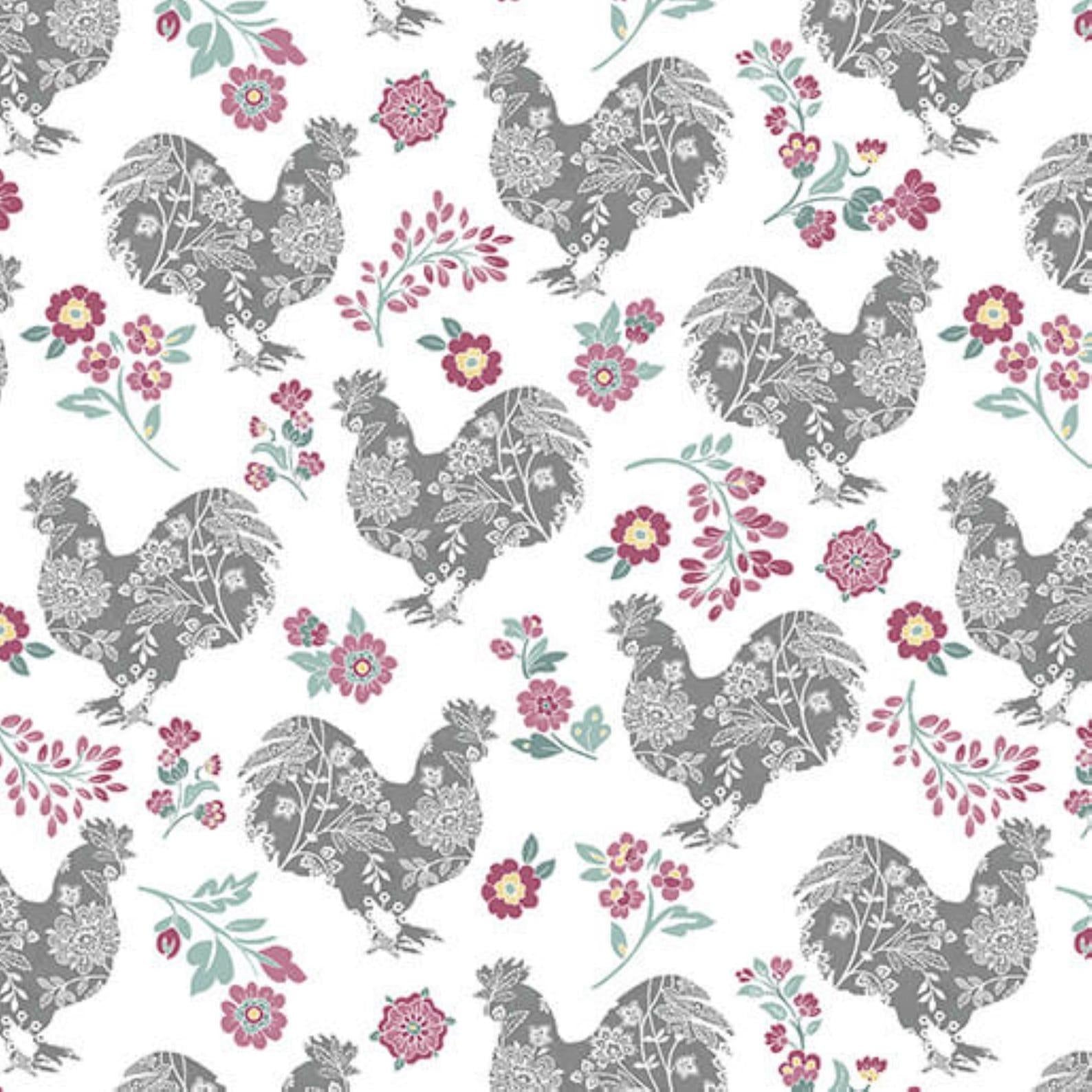 Chalk Barn CharcRose Rooster - 1/2 Yard Increments, Cut Continuously - by Shannon Roberts for Bernatex Fabrics