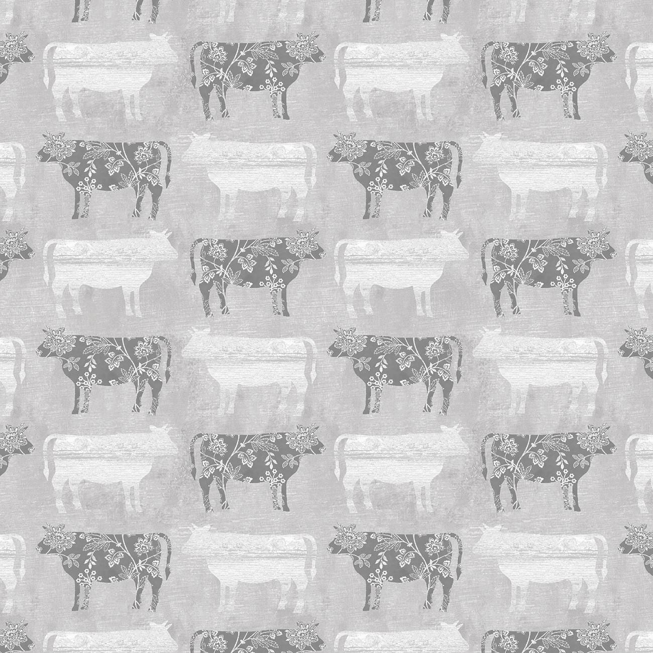 Chalk Barn Calico Cows in Gray - 1/2 Yard Increments, Cut Continuously - by Shannon Roberts for Bernatex Fabrics