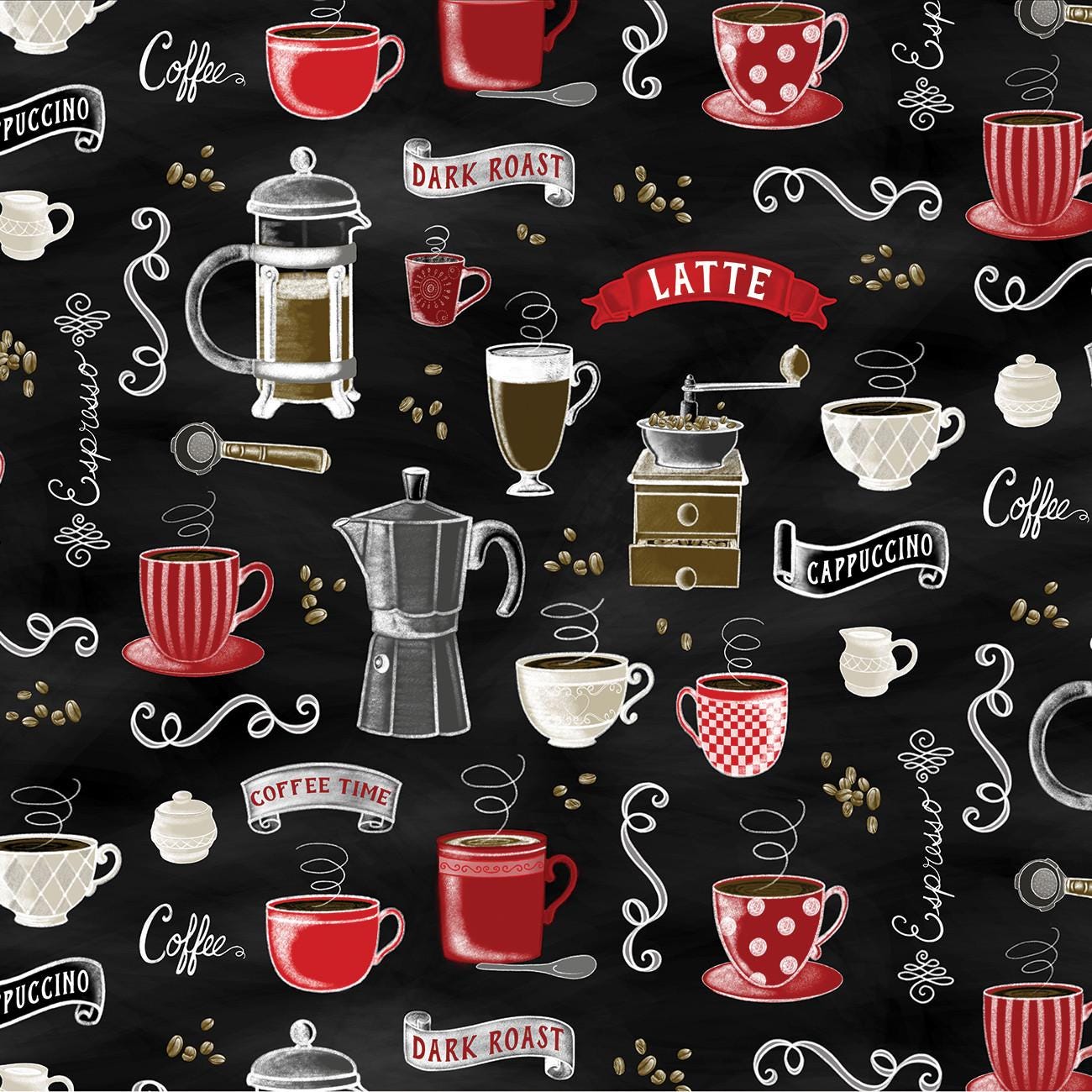 Perfect Brew Rise 'N Grind in Red and Black - 1/2 Yard Increments, Cut Continuously - by Andi Metz for Bernatex Fabrics