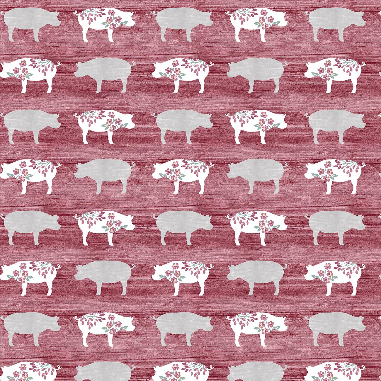 Chalk Barn Pretty Pigs in Red - 1/2 Yard Increments, Cut Continuously - by Shannon Roberts for Bernatex Fabrics