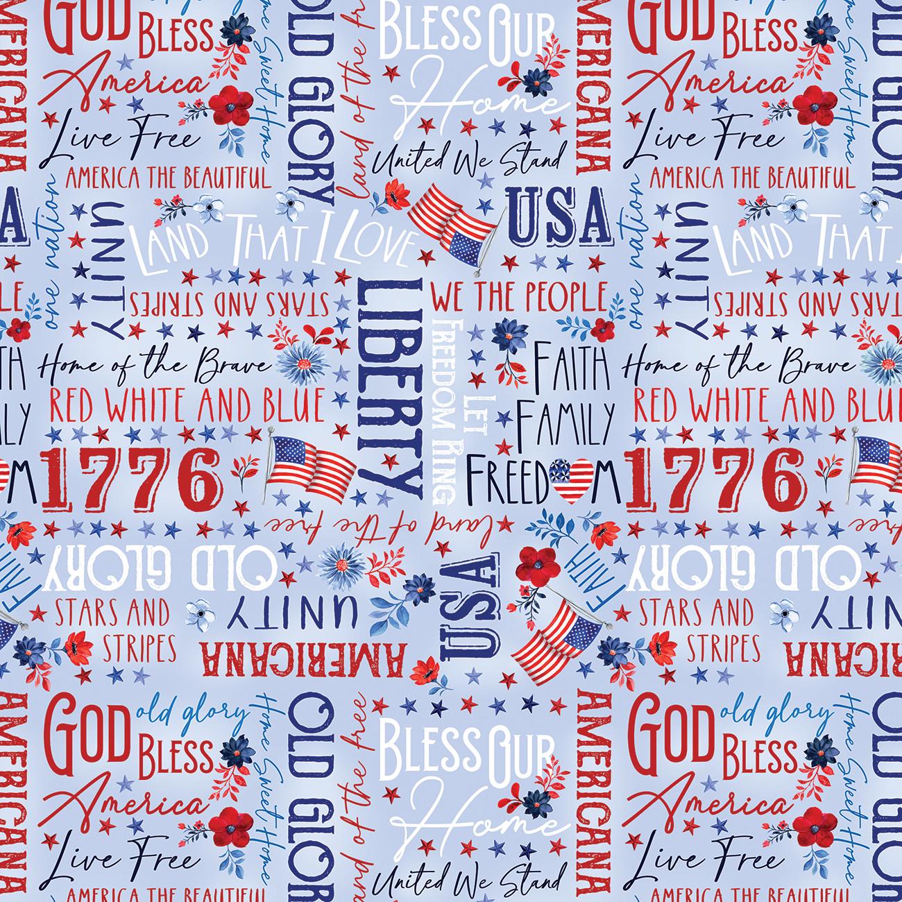 Faith, Family, Freedom Words of Glory in Blue - 1/2 Yard Increments, Cut Continuously - by Nicole DeCamp for Bernatex Fabrics