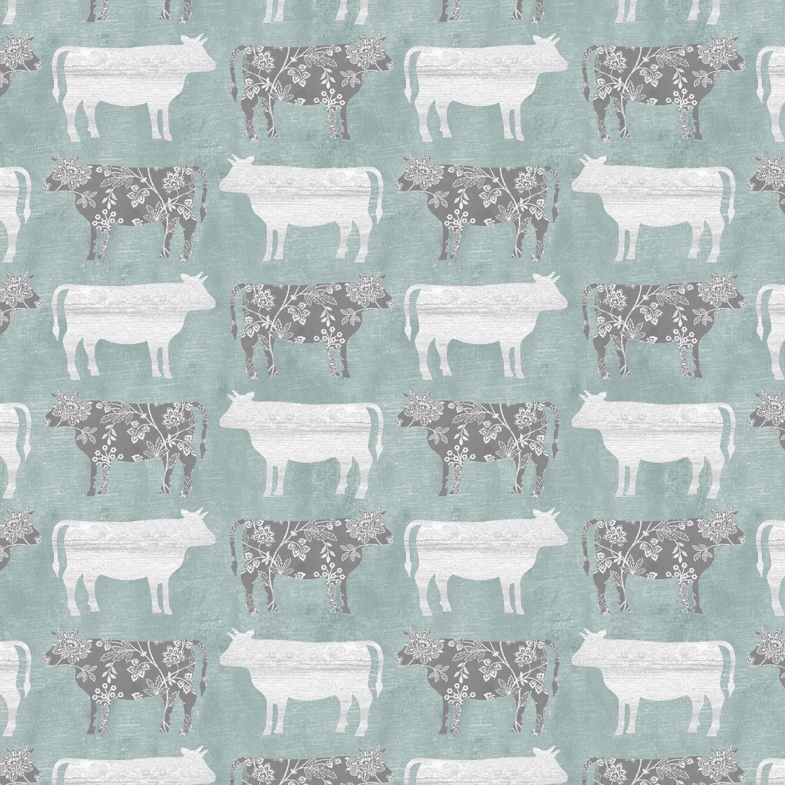 Chalk Barn Calico Cows in Teal - 1/2 Yard Increments, Cut Continuously - by Shannon Roberts for Bernatex Fabrics