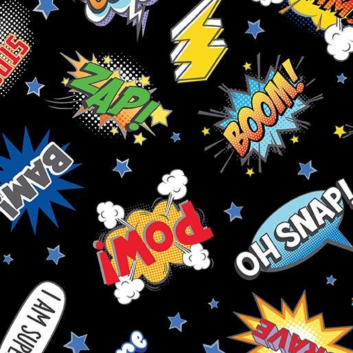 My Hero Words in Black - 1/2 Yard Increments, Cut Continuously - by Shannon Roberts for Bernatex Fabrics