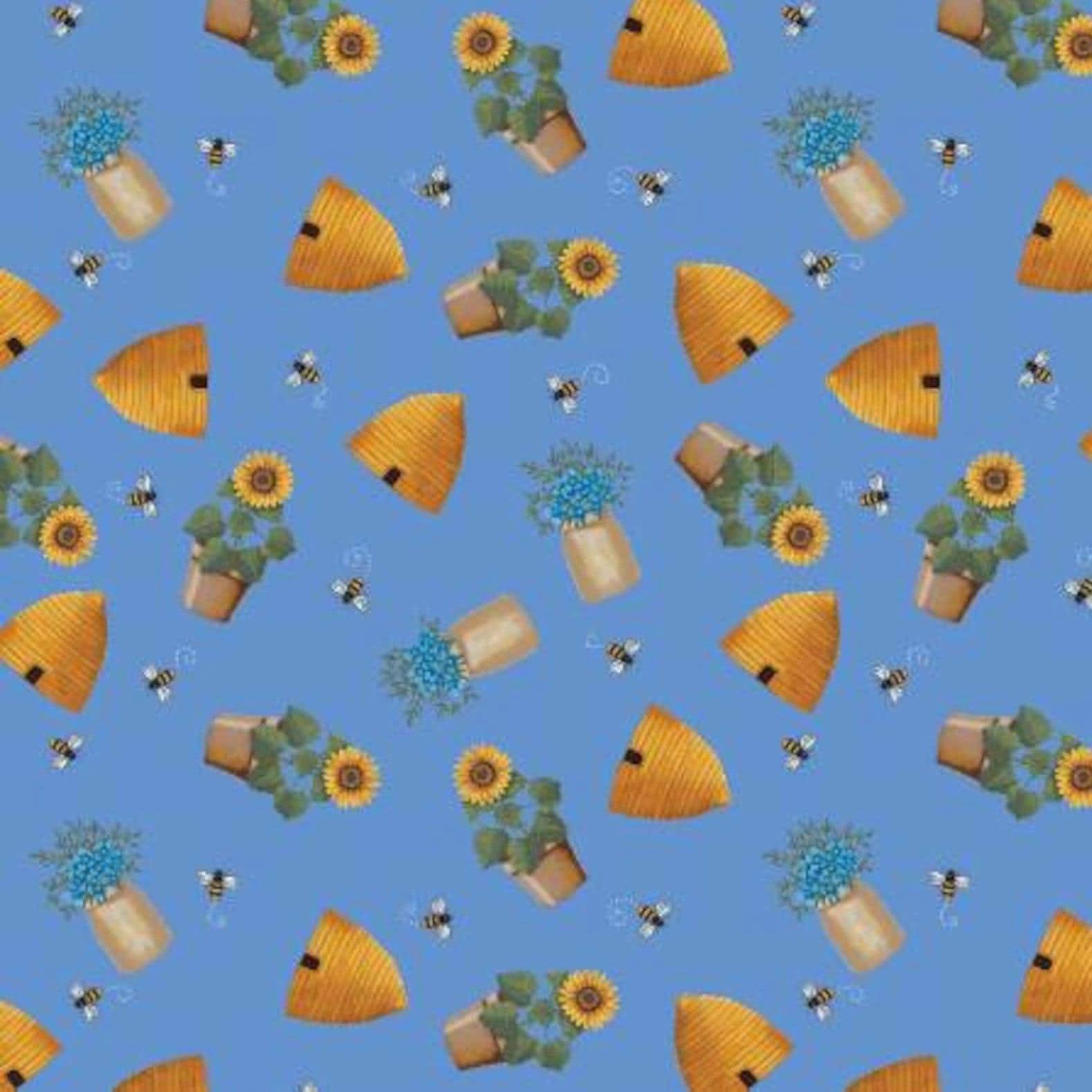 Wildflower Honey Bees & Skeps in Blue - 1/2 Yard Increments, Cut Continuously - by Dianna Swartz for Bernatex Fabrics