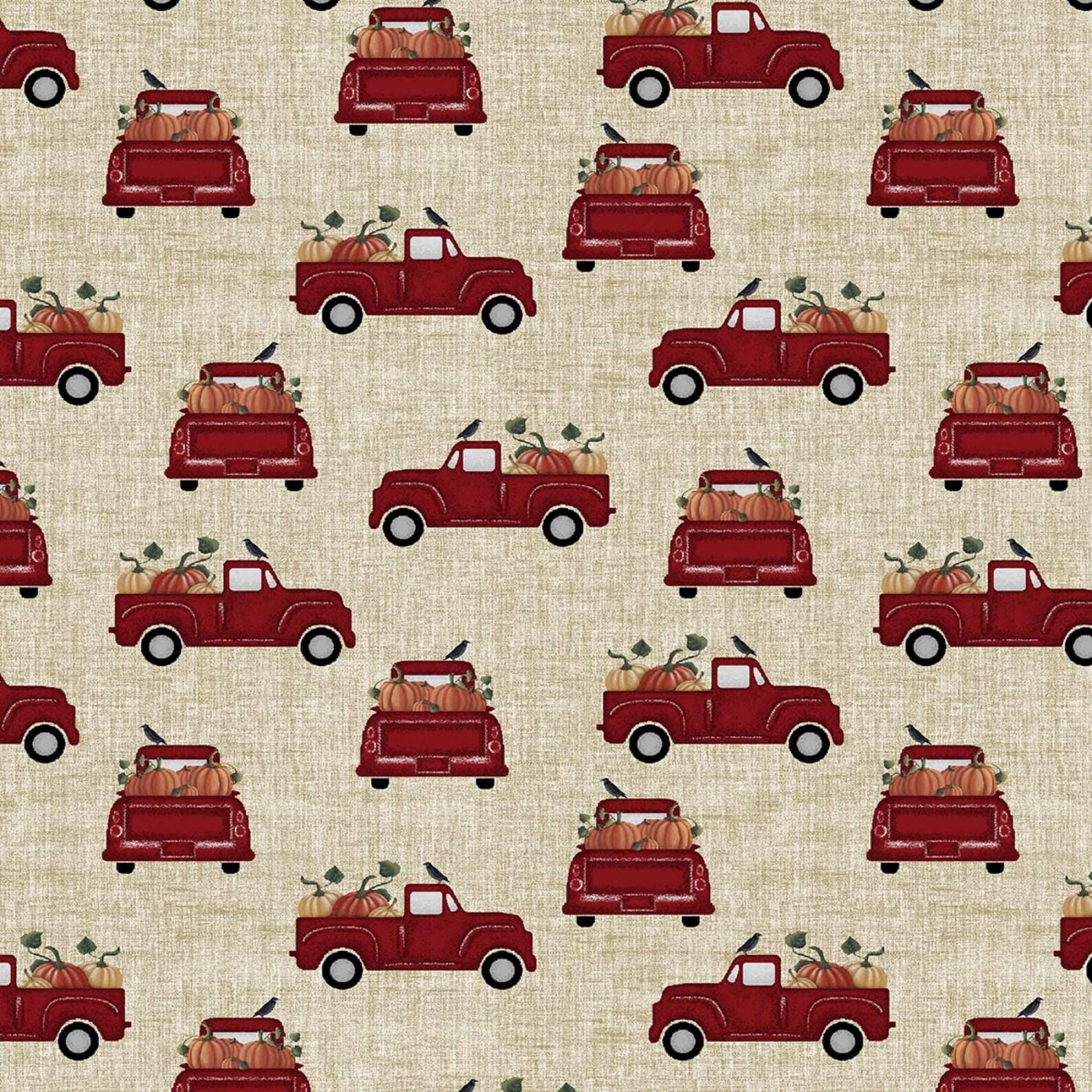 Harvest Farm Pickup with Pumpkins in Tan - 1/2 Yard Increments, Cut Continuously - by Painted Sky Studio for Benartex Fabrics