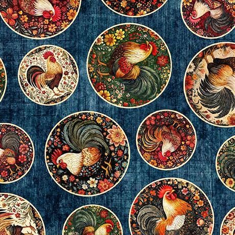 Rule The Roost Rooster Medallions in Navy - 1/2 Yard Increments, Cut Continuously - by Morris Creative Group for QT Fabrics