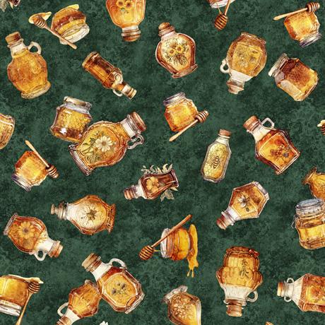 Queen Bee Honey Bottles in Forest - 1/2 Yard Increments, Cut Continuously - by Morris Creative Group for QT Fabrics