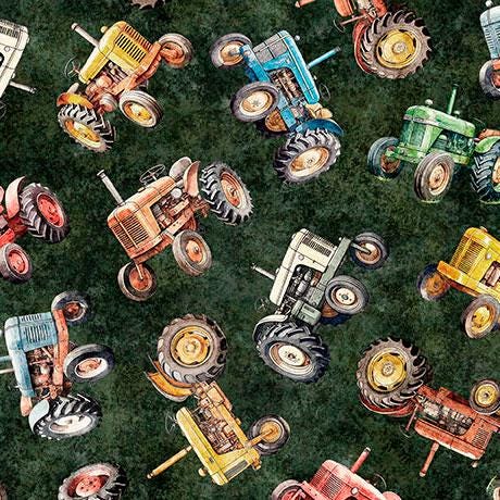 Lil Farmers Tractors in Evergreen - 1/2 Yard Increments, Cut Continuously - by Morris Creative Group for QT Fabrics