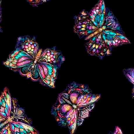 Night Flight Butterfly Toss in Black- 1/2 Yard Increments, Cut Continuously - by Morris Creative Group for QT Fabrics