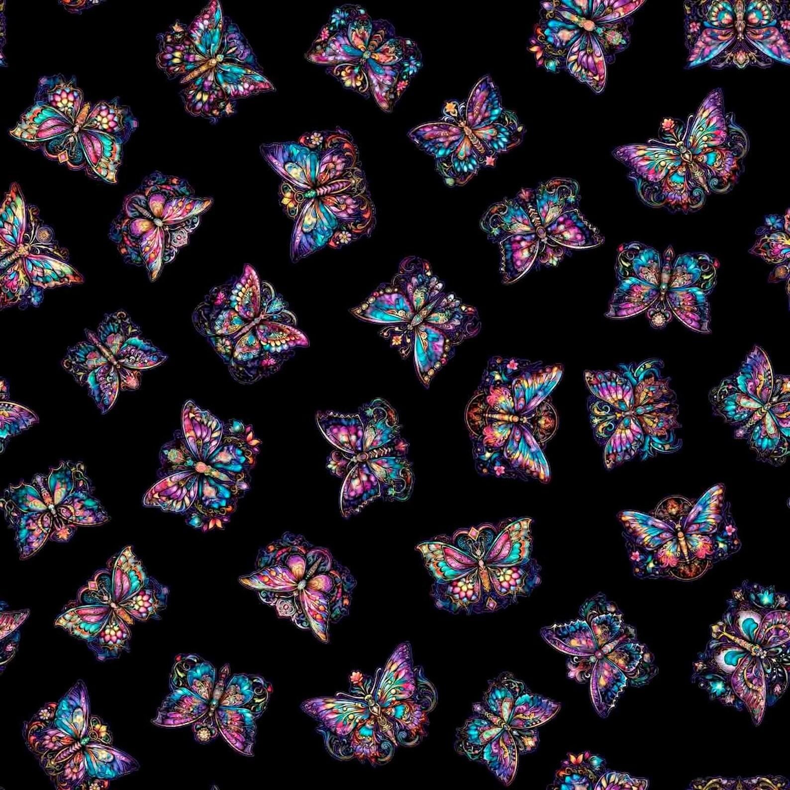 Night Flight Butterfly Toss in Black- 1/2 Yard Increments, Cut Continuously - by Morris Creative Group for QT Fabrics
