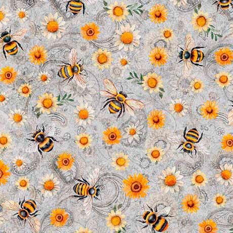 Sunflower Serenade Sunflowers & Bumble Bees in Gray - 1/2 Yard Increments, Cut Continuously - by Morris Creative Group for QT Fabrics